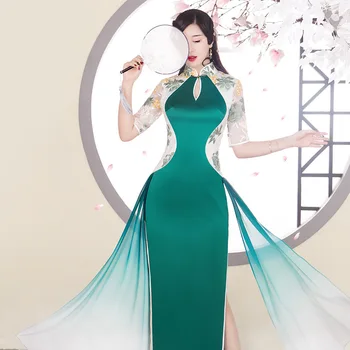 Sexy Satin Dlho Cheongsam Ženy Vintage Tlačidlo Qipao Čínsky Štýl, Výšivky, Kvetinové Šaty Elegantné Mandarin Golier Vestidos