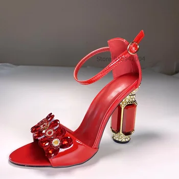 Ženy Crystal Robustný Päty Sandále Bling Bling Červená Korálkové Šperky, Svadobné Topánky Členok Popruh Patent Kožené Dámske Strany Päty