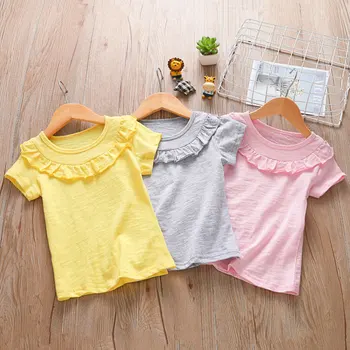Letné Dievčatá-Krátke Rukávy T-Shirt 100% Bavlna Nové detské jednofarebné Bežné Rozstrapatené Topy WT727