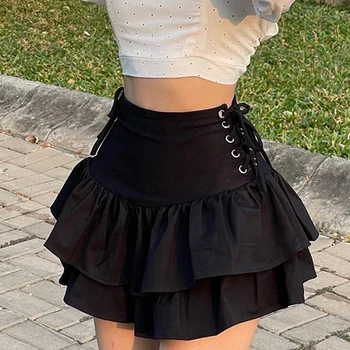 y2k Akademickej obce Strane Čipky Čierne Mini Sukne Víla Grunge Gotické Oblečenie E-dievča Kawaii Harajuku Rozstrapatené Short-line Sukne